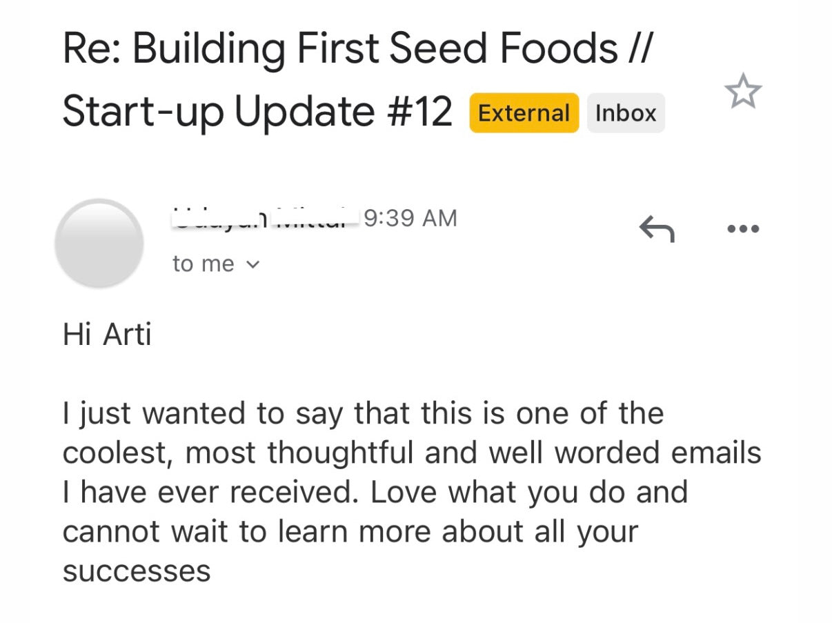 Email from 'External Inbox' with a message to 'Arti' about a startup update.