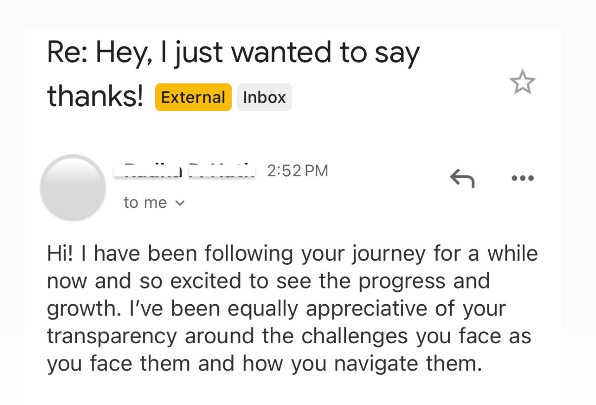 Email with a message of thanks and appreciation for progress and transparency, displayed on a white background.