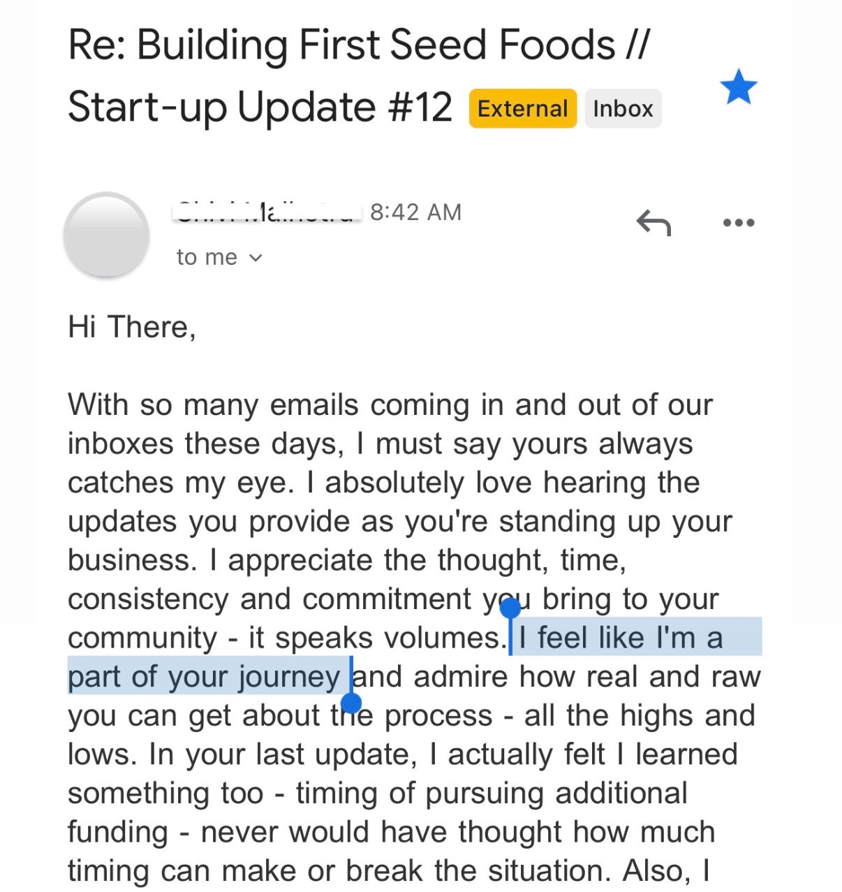 Email update from 'Building First Seed Foods' with a supportive message.
