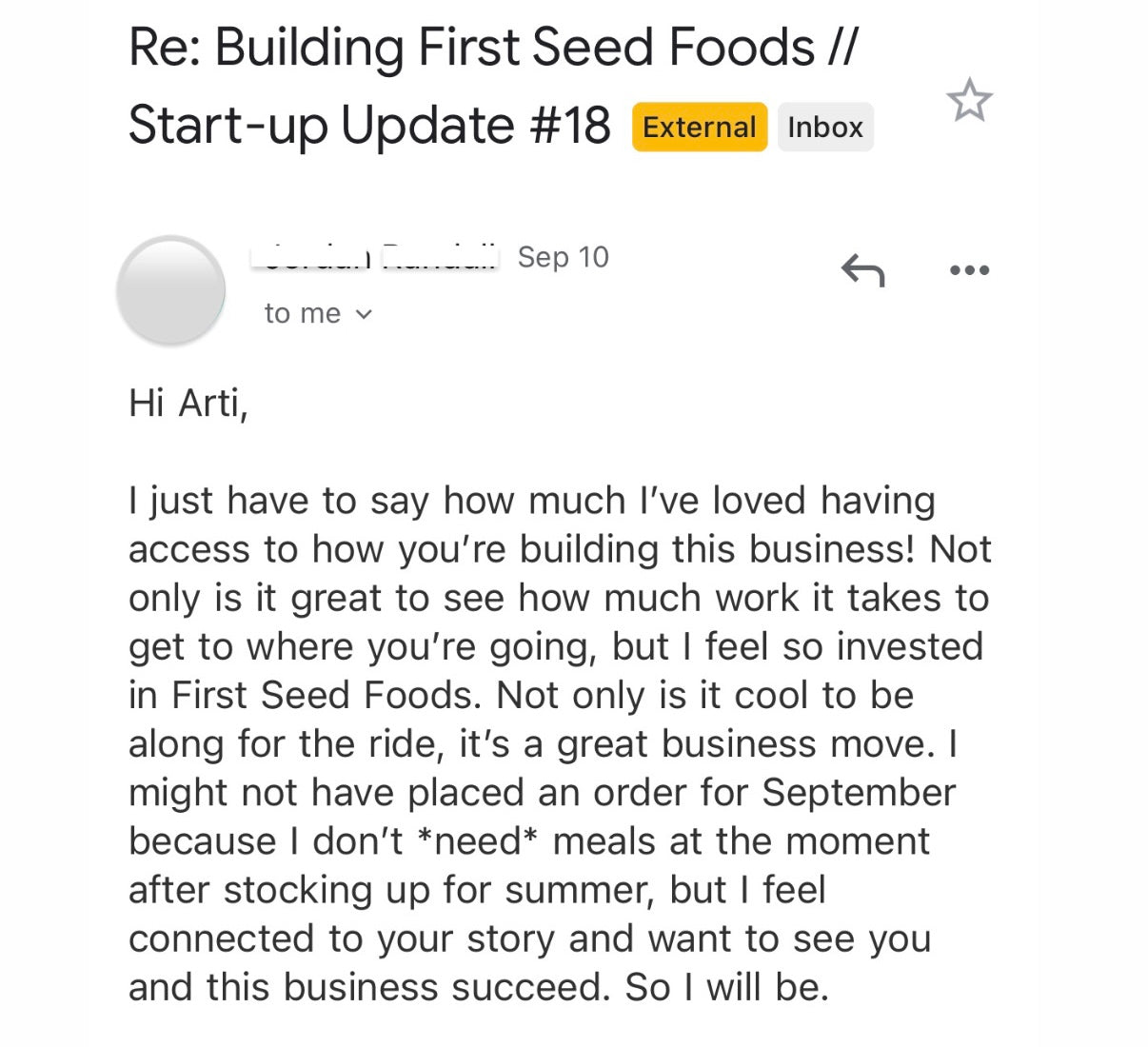 Email from a customer to First Seed Foods about their business growth