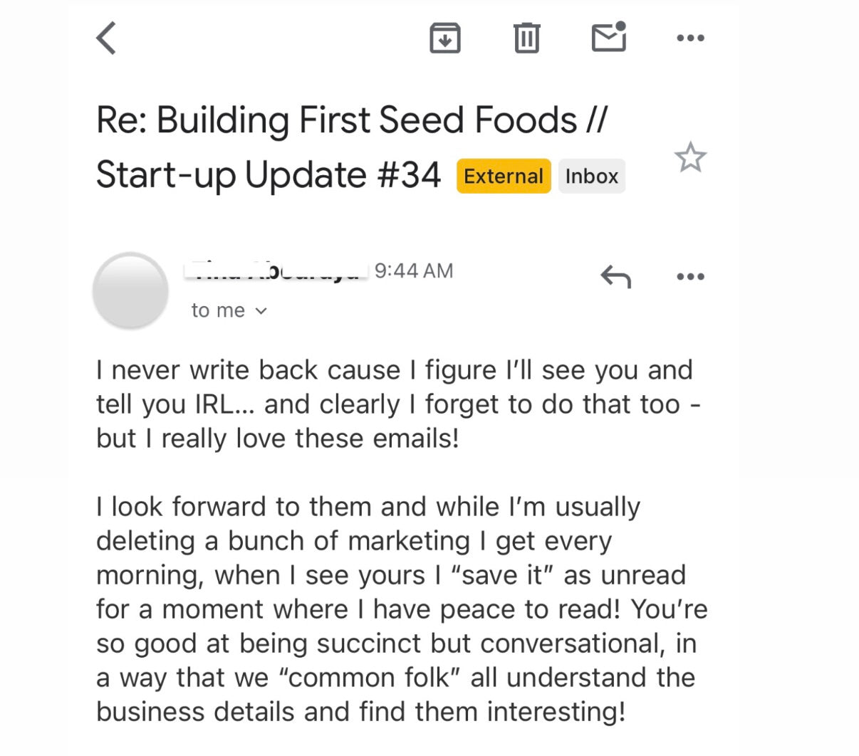 Email conversation with a sender expressing appreciation for receiving emails and their content.