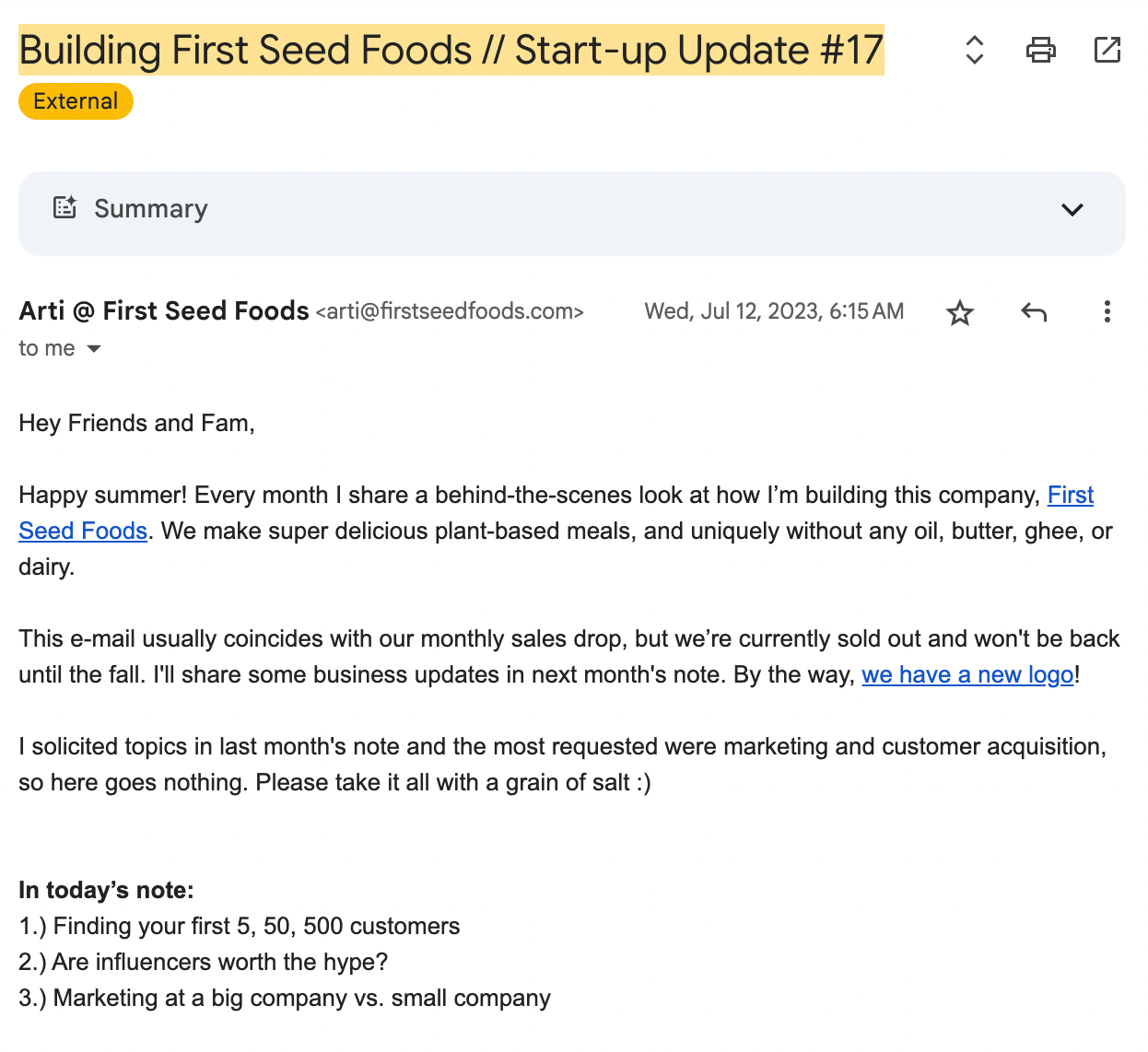 Email from First Seed Foods with a summary of a startup update.